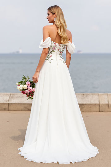Off The Shoulder Floral A Line Long Wedding Dress With Slit